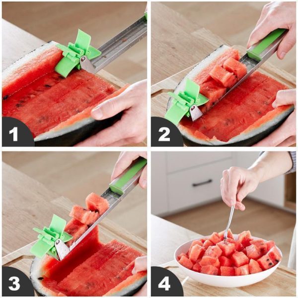 ๐ Windmill Watermelon Cube Cutter โ ๐ Stainless Steel Watermelon Slicer with Cutting Wheel โ ๐ฝ๏ธ Fruit Corer Knife for Melons & Salad Prep โ ๐ ๏ธ Easy Kitchen Gadget