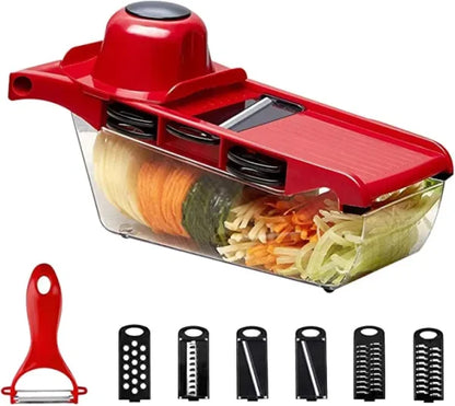 🔪 10-in-1 Mandolin Slicer & Vegetable Cutter – Manual Kitchen Tool with Stainless Steel Blades for Slicing, Grating, Peeling & More – Red Color