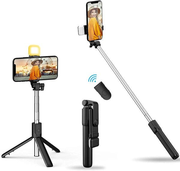 📸 R1s Selfie Stick Tripod with Bluetooth Remote & Built-in Light – 3-in-1 Wireless Selfie Stick Compatible with All Smartphones
